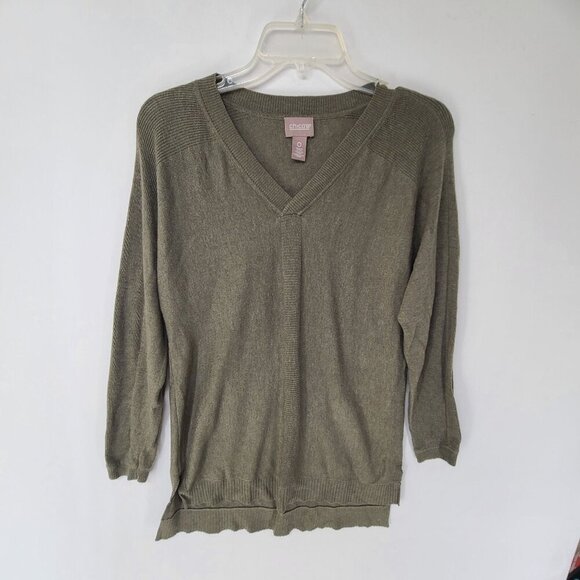 Chico's Women's Long Sleeve Pullover Knit Top V neck Olive Green Size Small - Picture 1 of 6